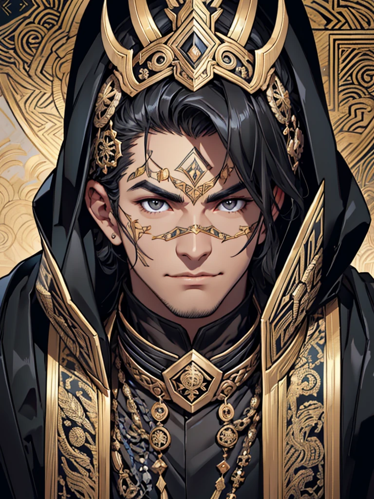 A handsome black haired man wearing a black robe covered in intricate gold and silver decoration, with motifs of ancient symbols representing power and wisdom. His face was covered by an elegant black mask with a design depicting the face of an invincible ancient god.