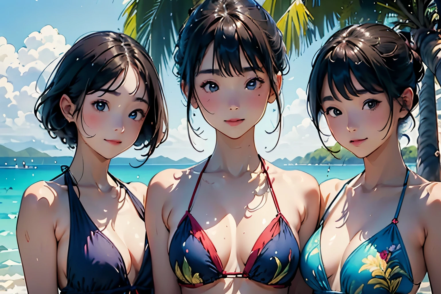 Multiple girls, 5 people, (aligned), side by side, emphasized cleavage, big, from below (masterpiece, high quality: 1.2), kpop, competitive swimsuit, wet, cross-eyed, ahe-face, open mouth, laughing, blush