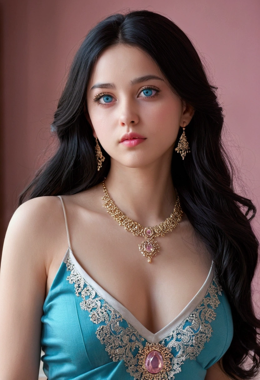 1girl in, Alter19, soli, Long hair, Colossal tits, looking down at viewer, blondhaar, bare shoulders, jewellery, full entire body, (extremely detailed 8K wallpaper), soft lighting, High quality, film grain, Fujifilm XT3 sharp focus, f 5.6, high detailed, keen focus,(natural lightting), (closeup:1.2), (seductive), schulterfreies T-Shirt, realisti, A sexy. (work of art:1.2, best qualityer), 1 beautiful woman 21 years old, alone, photorealisitic, wearing a very detailed outfit, and fitted into your beautiful body, facefocus, realisitic, pastel painting, smart, appealing, detailedeyes (lovely gaze, blue piercing eyes) fine-detailed, long black hair, best CG, whole body, muka: format: Oval First: clear, with a pink tint Eyes: Castanhos escuros, almond-shaped and expressive eyebrows: Arches and well-defined nose: Small and upturned mouth: plump, pink lips, with a warm smile Hair: far away, dark black and wavy