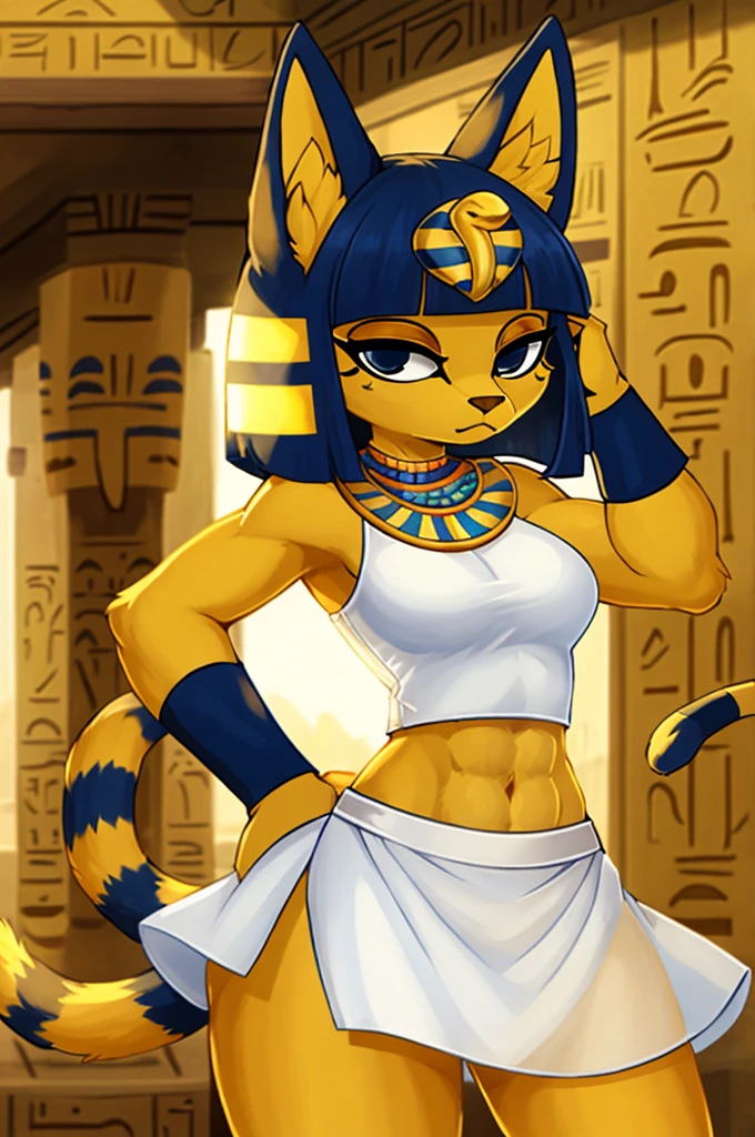 ((best quality)), ((masterpiece)), (detailed), a digital artwork of ankha with abs wearing a crop top of her white sleeveless dress with white long dress skirt, a bare midriff and a bare navel, Egyptian setting, tail, blue Egyptian handbands, furry, anthro style, 2d style