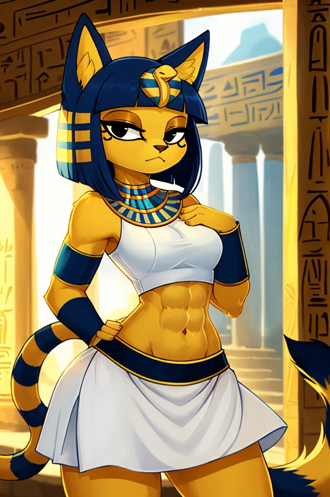 ((best quality)), ((masterpiece)), (detailed), a digital artwork of ankha with abs wearing a crop top of her white sleeveless dress with white long dress skirt, a bare midriff and a bare navel, Egyptian setting, tail, blue Egyptian handbands, furry, anthro style, 2d style
