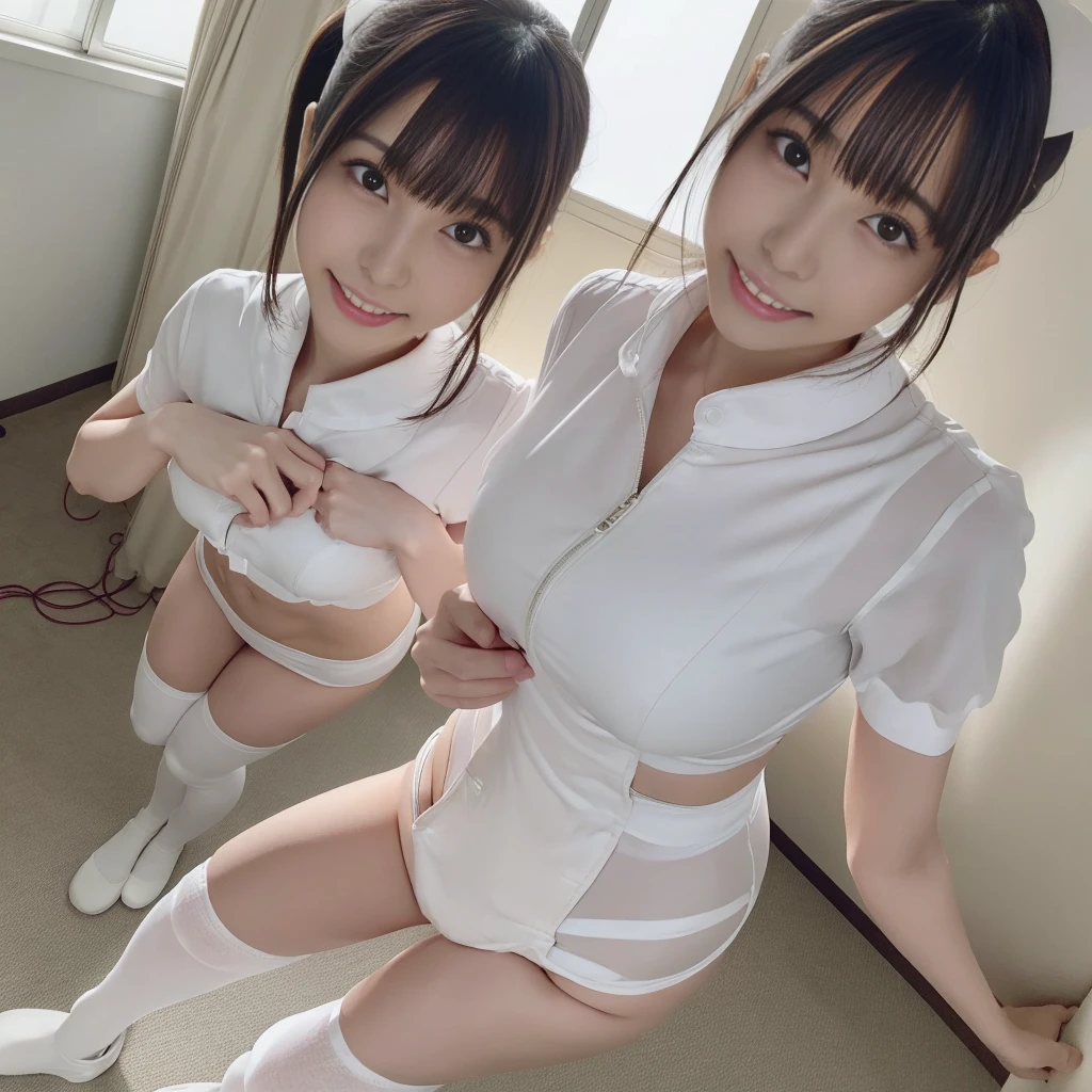 （Nurse Costume、White high leg bikini、Ass、Black Hair、Big Ass、Inside the hospital、Knee-high socks、Side Ponytail）、Extremely sexy、Glamorous Body、smile、Professional Lighting、Beautiful adult woman、Captivating thighs、Very large breasts、Are standing、Beautiful teeth alignment