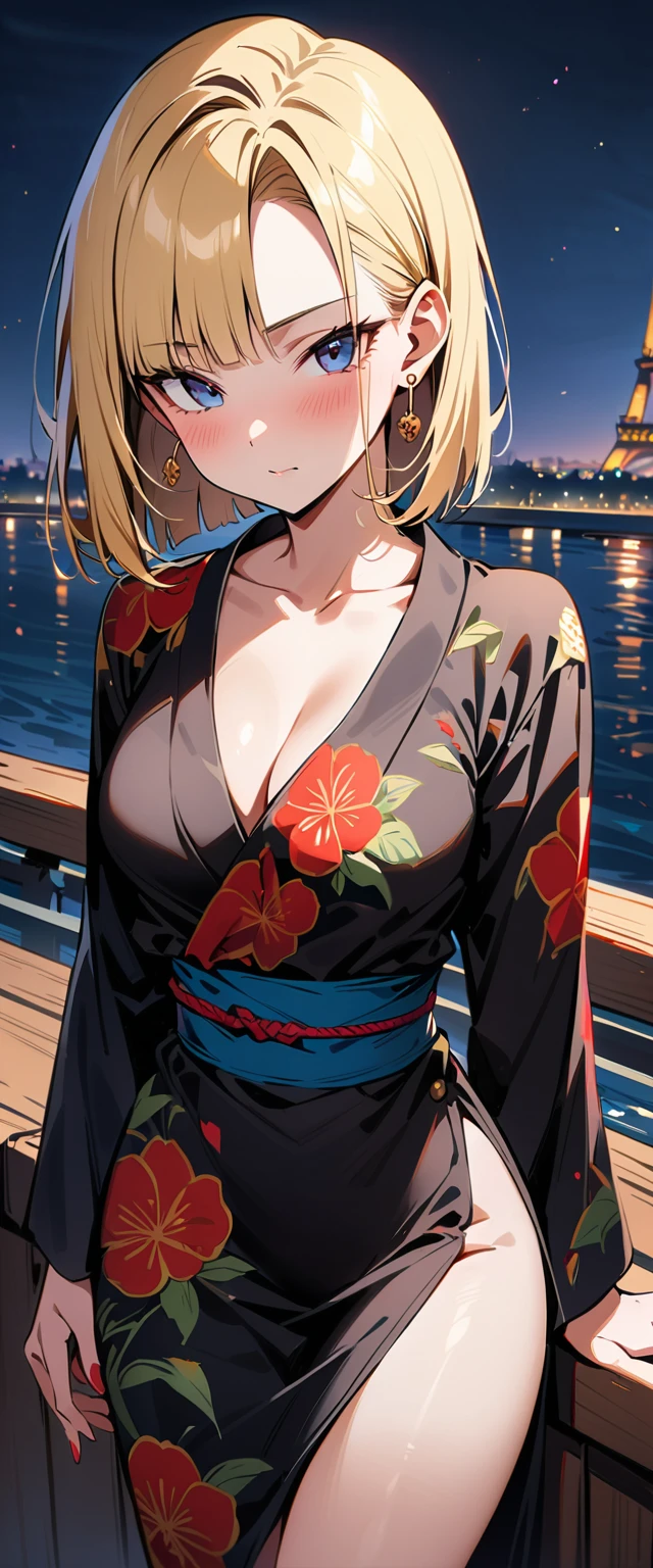 (masterpiece, best quality:1.2),1girl, (solo), Android 18 from Dragon Ball, ((floral print black kimono)), medium breasts, blunt bangs, blonde short hair, black eyes, earrings on earlobes, slim, slender feminine figure, skinny body, blush, magnificent view, blur background, 4K, the Eiffel Tower, collarbone, riverside,