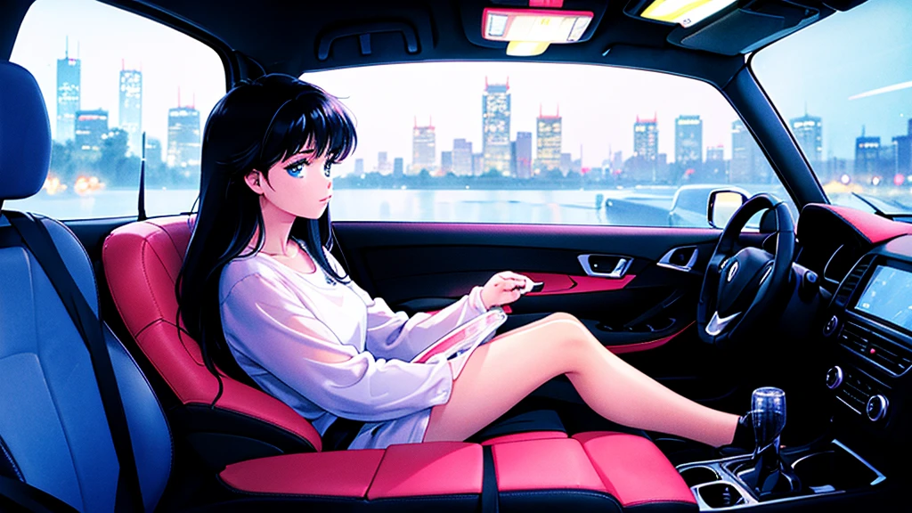 Create an image from the angle inside a car, showing a woman with a thoughtful expression on her face as she gazes out of the side window at the cityscape. The city outside should be visible, illuminated by streetlights and neon signs. Use soft, pastel colors and subtle gradients to capture a dreamy, reflective atmosphere. Ensure the interior of the car feels cozy and comfortable, adding to the overall serene vibe.窓の外を見ている。
