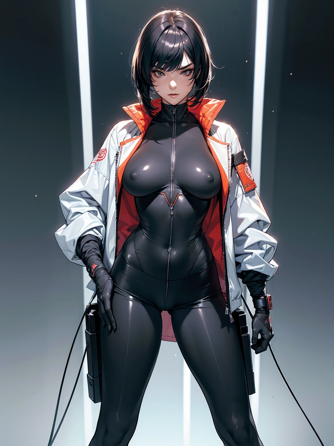 (((urban techwear))), ((( transparent suit ))), (((Bandaged body))), ((high collar)), (((Quorra))), (((best qualityer: 1.4))), (Unbeatable masterpiece), (hiper HD),(CG 8k hyper-realistic), (((brave face))), (((breasts big))), (((hyper feminine))), sexly girl, Tron,(black bob hair)), ((( sculptural body ))), (((1 Kizi))), Kizi cibernética de 25 anos com corpo perfeito,,Beautiful and well-groomed face,muscular body:1.2,solid color detailed jacket, (Head to thigh photos), Complex equipment, green dark,long pants,Tight clothes are dark,With white stars and off-white stripes,,,,,Armor Metal Electronic Parts, Poison tattoos ) INFO, Kizi, (((standing alone))), violent brat, ((())), sexly, pose de atitude, Create a cool character for a gacha game based on Mihoyo's Zenless Zone Zero game, female character in devil clothes in warm colors, S-level fire elemental character, devil horns and tail, gorgeous face, nymph body, lolly, haughty, devilish smile, wielding a serrated sword, pose de atitude, aggressive movements, Shark teeth, fully body