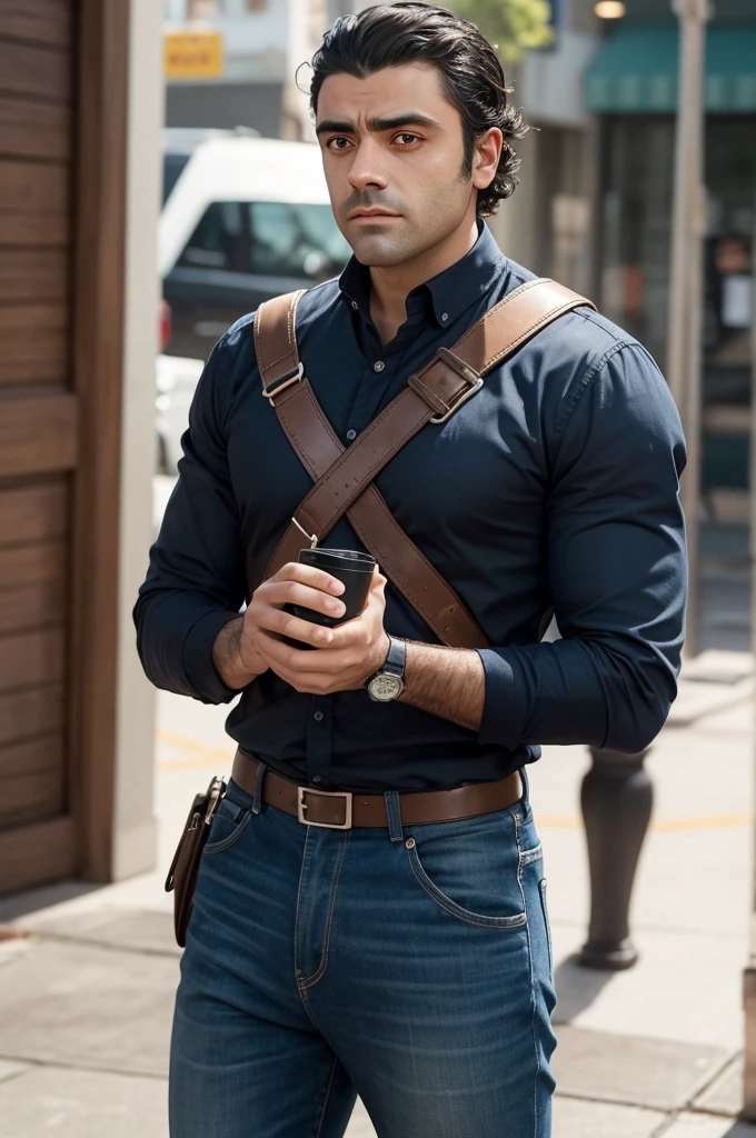 Crie uma versão live-action da imagem 'Screenshot_2023-11-11-00-03-42-110_featuring.instagramart.android-edit.jpg', played by actor Oscar Isaac. The image must capture the essence and details of the original character, adaptando-os para um cenário realista featuring Oscar Isaac featuringo protagonista
