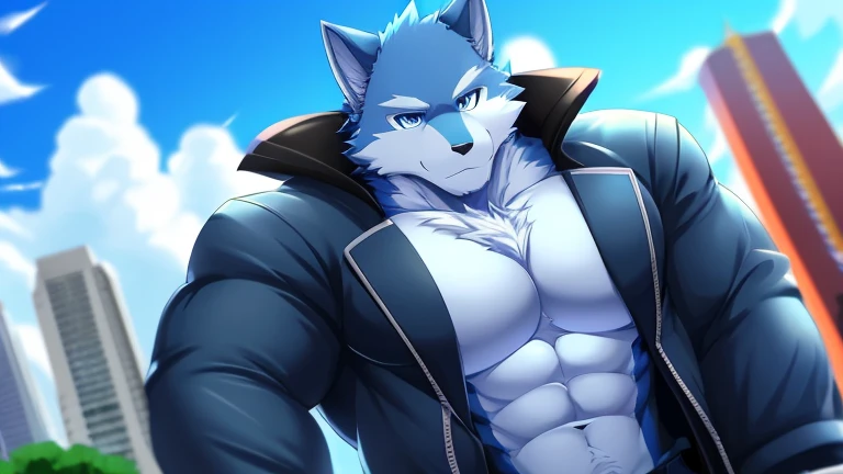 bynamic angle,depth of field, motion blur, absurdres,looking at viewer, (best quality), (masterpiece), (ultra detailed),(detailed eyes),sharp focus,manga,anthro male Blue Wolf,(muscular),Huge body chest , own pet kitty ,sky blue eyes,handsome jacket blue technology city gray pants