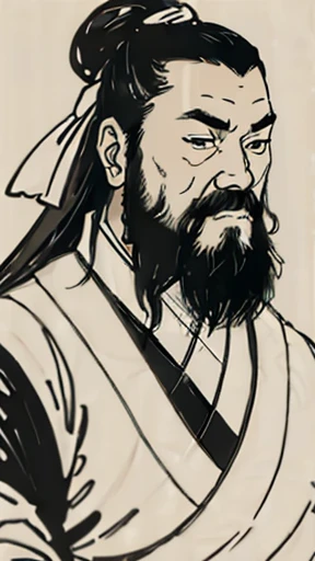 Monochrome,Oriental、Men in ancient Chinese costumes、(ancient chinese hairstyle male)、As seen in the Romance of the Three Kingdoms々military commander、Highest quality、masterpiece、Ultra-high resolution、(Realistic:1.4)、Game Poster、Crisp and beautiful image quality、Long beard、Embroidered cloth wrapped around a topknot、whole body ,((Skin of color, ),(long heavy black beard):1.2), ( (Very detailed, bloom:1.5), (Highest quality, Concept Art, 4K), (analog:1.2), (high sharpness), (Detailed pupil:1.1), (Painting:1.1), (digital Painting:1.1), Detailed face and eyes, masterpiece, Highest quality, (Very detailed写真:1.1), 8K, photoRealistic, (Black Hair, Dynamic Short Hair), (PurerosFace_v1:0.2), [:(Detailed face:1.2):0.2], sharp, Realistic, Realistic Shadow, 