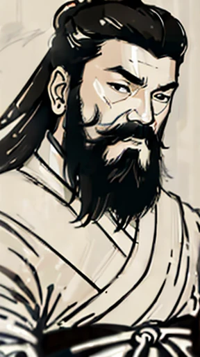 Monochrome,Oriental、Men in ancient Chinese costumes、(ancient chinese hairstyle male)、As seen in the Romance of the Three Kingdoms々military commander、Highest quality、masterpiece、Ultra-high resolution、(Realistic:1.4)、Game Poster、Crisp and beautiful image quality、Long beard、Embroidered cloth wrapped around a topknot、whole body ,((Skin of color, ),(long heavy black beard):1.2), ( (Very detailed, bloom:1.5), (Highest quality, Concept Art, 4K), (analog:1.2), (high sharpness), (Detailed pupil:1.1), (Painting:1.1), (digital Painting:1.1), Detailed face and eyes, masterpiece, Highest quality, (Very detailed写真:1.1), 8K, photoRealistic, (Black Hair, Dynamic Short Hair), (PurerosFace_v1:0.2), [:(Detailed face:1.2):0.2], sharp, Realistic, Realistic Shadow, 