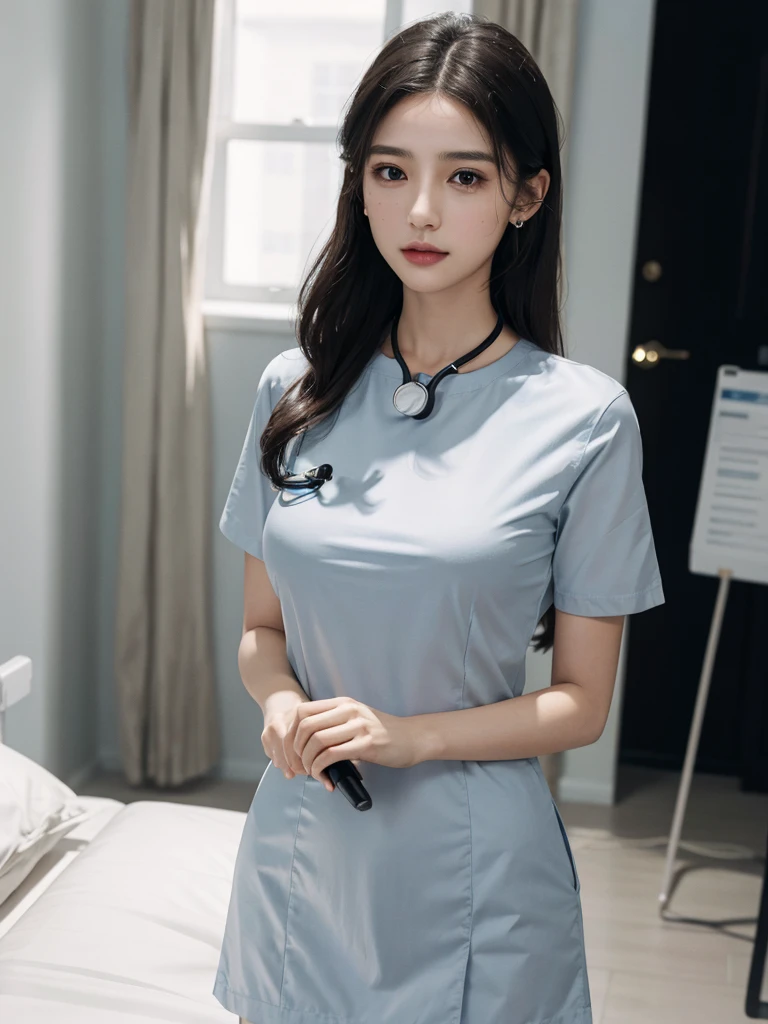 absurdres, RAW photo, extremely delicate and beautiful, masterpiece, Best Quality, ultra high resolution, 32k, hyperrealistic, ultra-detailed, perfect figure, in her 20s, very small head, very small face, delicate facial features, tearful mole, earring, ((very huge breasts)), ((full body shot)), medium hair, black hair, hospital, Down blouse, Female nurse, Super tight uniform, Name tag on chest, Stethoscope from the neck,