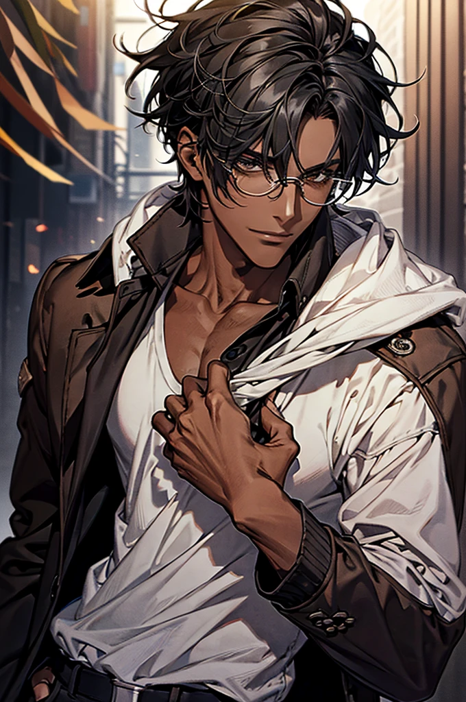 1male, black hair, dark skinned man, very dark skin, brown eyes, black hair, textured hair, muscular body, casual clothes, glasses, mature face, ikemen, smile, detailed background, 4k, high resolution, rim lighting