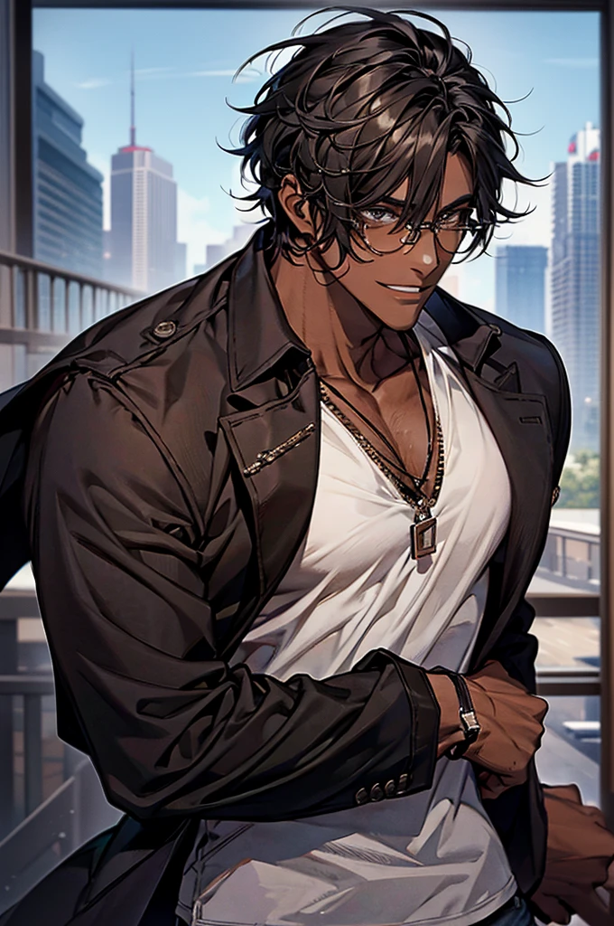 1male, black hair, dark skinned man, very dark skin, brown eyes, black hair, textured hair, muscular body, casual clothes, glasses, mature face, ikemen, smile, detailed background, 4k, high resolution, rim lighting