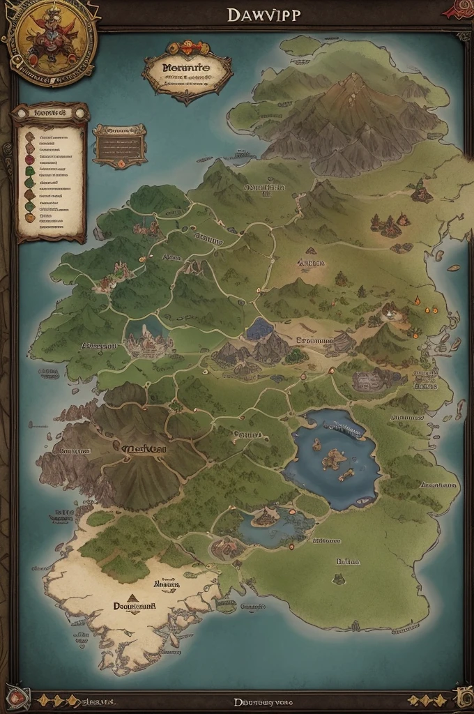 Make a tabletop RPG style map with several countries where you have, countries for: humans, Devils, dwarves, elves, gnomes and halflins