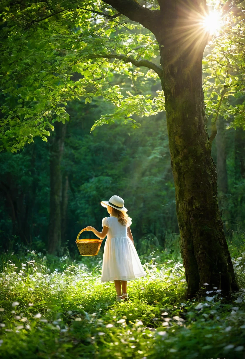 forest，Big green tree，Golden rays of light penetrate the woods，little girl，White Dress，hat，Basket，Back，Backlight，Flowers everywhere