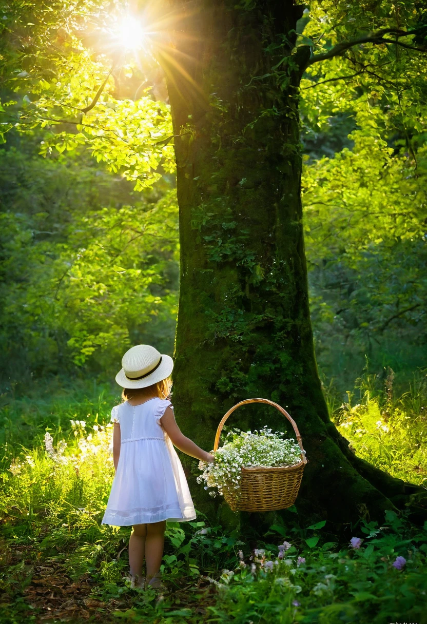 forest,Big green tree,Golden rays of light penetrate the woods,little girl,White Dress,hat,Basket,Back,Backlight,Flowers everywhere