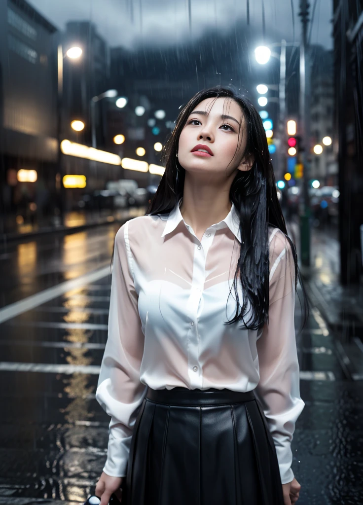 20year old beautiful girl、Beauty、Japanese、cute、beautiful girl、slim、Highest quality、Realistic、16K、panoramic、(masterpiece, Highest quality, One Girl, Beautiful office lady, Very wet, soaked from heavy rain, Long black hair, Straight hair, White blouse, Dark skirt, Serious expression, Street background, Detailed Scene, Reflective Puddle, Dark clouds, heavy rain, realistic rain effect)、Look up at the sky