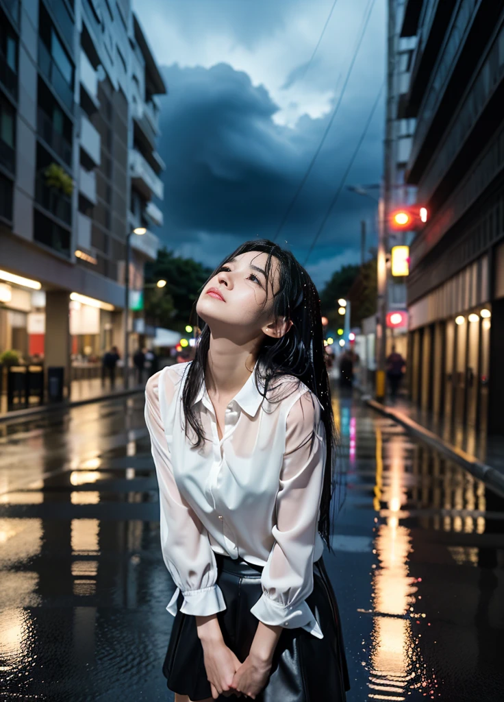 20year old beautiful girl、Beauty、Japanese、cute、beautiful girl、slim、Highest quality、Realistic、16K、panoramic、(masterpiece, Highest quality, One Girl, Beautiful office lady, Very wet, soaked from heavy rain, Long black hair, Straight hair, White blouse, Dark skirt, Serious expression, Street background, Detailed Scene, Reflective Puddle, Dark clouds, heavy rain, realistic rain effect)、Look up at the sky