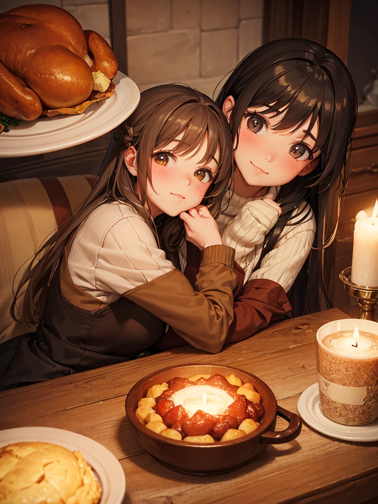 1 girl, Cozy and thankful, with elements of Thanksgiving, warm colors, and a homely feel.