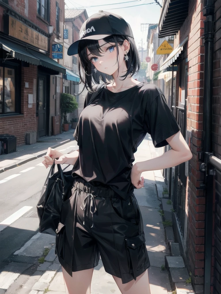 absurdres, RAW photo, extremely delicate and beautiful, masterpiece, Best Quality, ultra high resolution, 32k, hyperrealistic, ultra-detailed, perfect figure, in her 20s, very small head, very small face, delicate facial features, tearful mole, earring, very huge breasts, full body shot, medium hair, black hair, baseball cap, black T-shirt, cargo shorts,