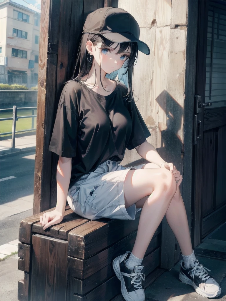 whole body, beautiful girl, big tits, medium hair, black hair, tearful mole, earring, baseball cap, black T-shirt, cargo shorts,