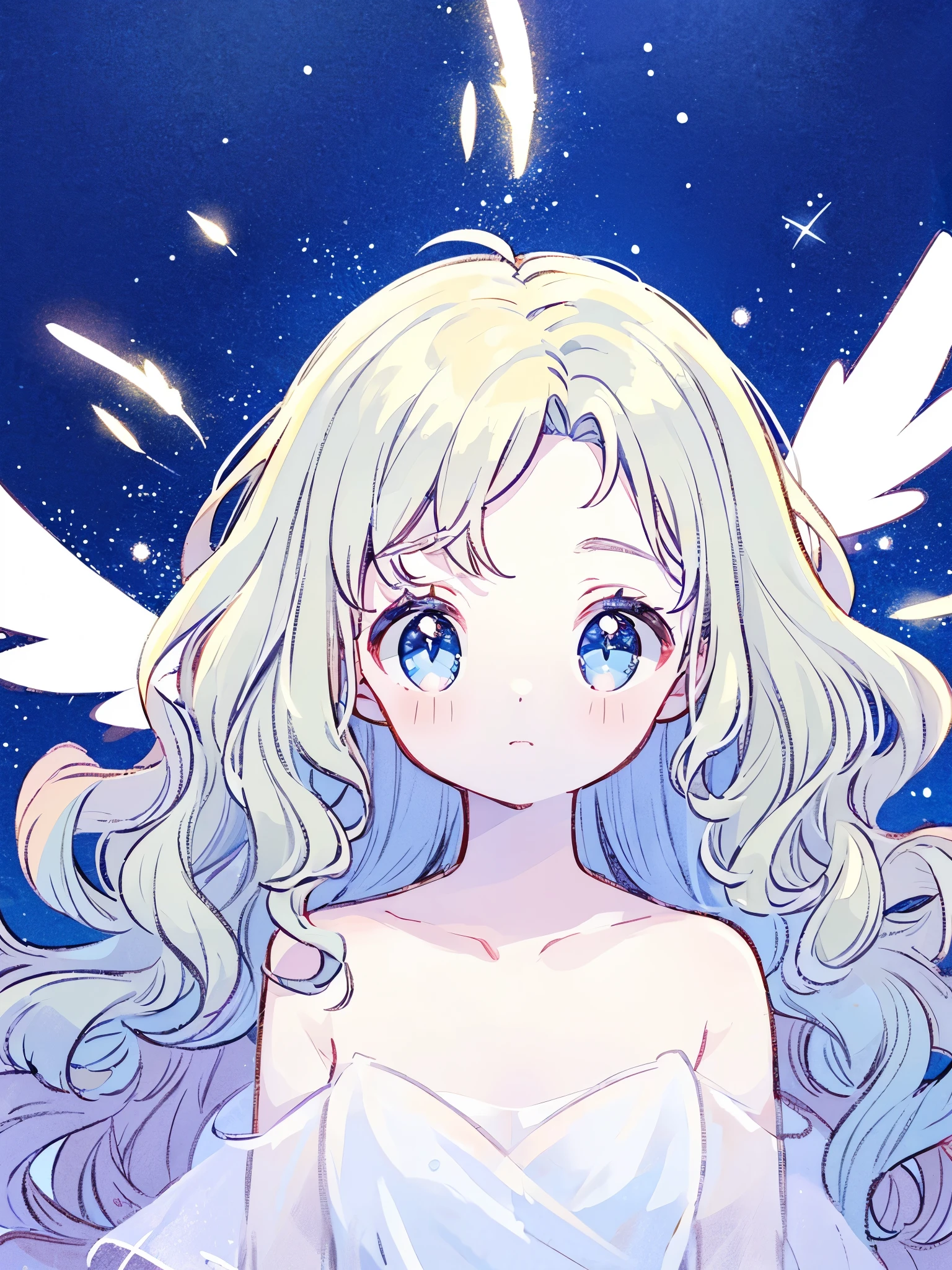 nude angel girl wearing an ethereal translucent dress, pale skin, ((blue mint wavy hair)), white feathers, angel wings, sparkling detailed eyes, golden ratio face, perfect composition, highly detailed, ethereal, (starry night sky background), midjourney style