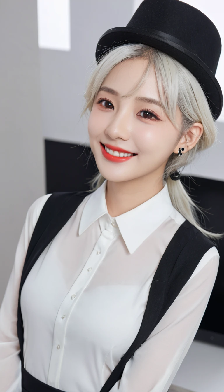room,Idol cloth,masterpiece,best quality,White hair, Red Eyes,White shirt,(Black formal hat),(Hairpin:1.3),(Small mouth mole:1.3),Smile,high resolution,4K,Black detachable sleeves, Upper Body,