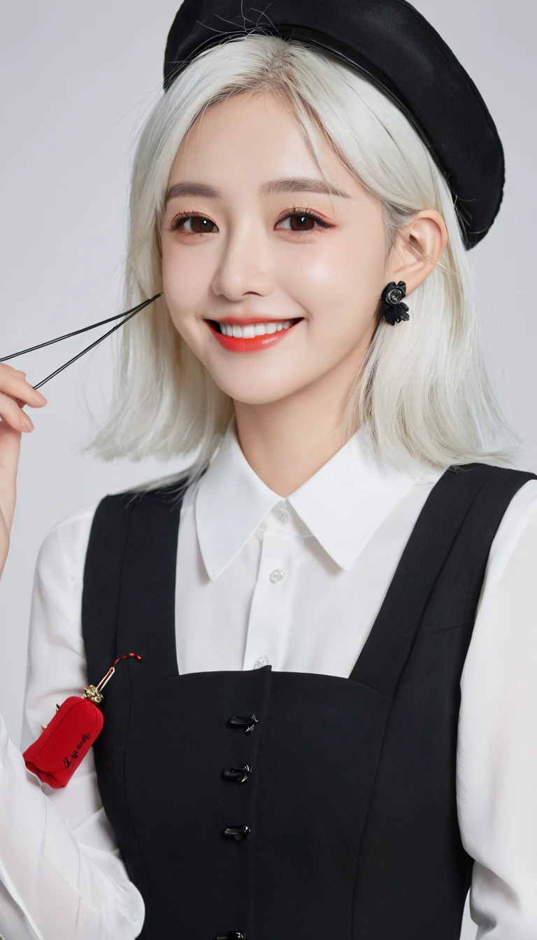 room,Idol cloth,masterpiece,best quality,White hair, Red Eyes,White shirt,(Black formal hat),(Hairpin:1.3),(Small mouth mole:1.3),Smile,high resolution,4K,Black detachable sleeves, Upper Body,