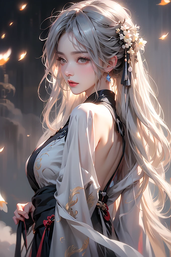 super high quality, masterpiece, Perfect illustration, Very detailed (Exquisite light and shadow, Very dramatic photo,Backlight) , ((Gray Hair:1.5))1 Girl,(( alone:1.6)), (Wearing Han clothes, Black and white Hanfu,Monotony,Long sleeve) Flower Field, Flowers, (White smoke:1.3) (Realistic:1.4), Zen Intertwining, Tangled, Official Art, unity 8k wallpaper, Very detailed, Beautiful and beautiful, masterpiece, Highest quality, (Dynamic Angle: 1.4), Glowing Skin, (Floating colorful flashes: 1) The most beautiful chaotic shapes, elegant, Brutalist Design, Bright colors, Romantic Depth of Field Exotic_dance, half_naked、(Separate sleeves:1.4, Expose your shoulders、Ample breasts).((from backside)).Dynamic pose