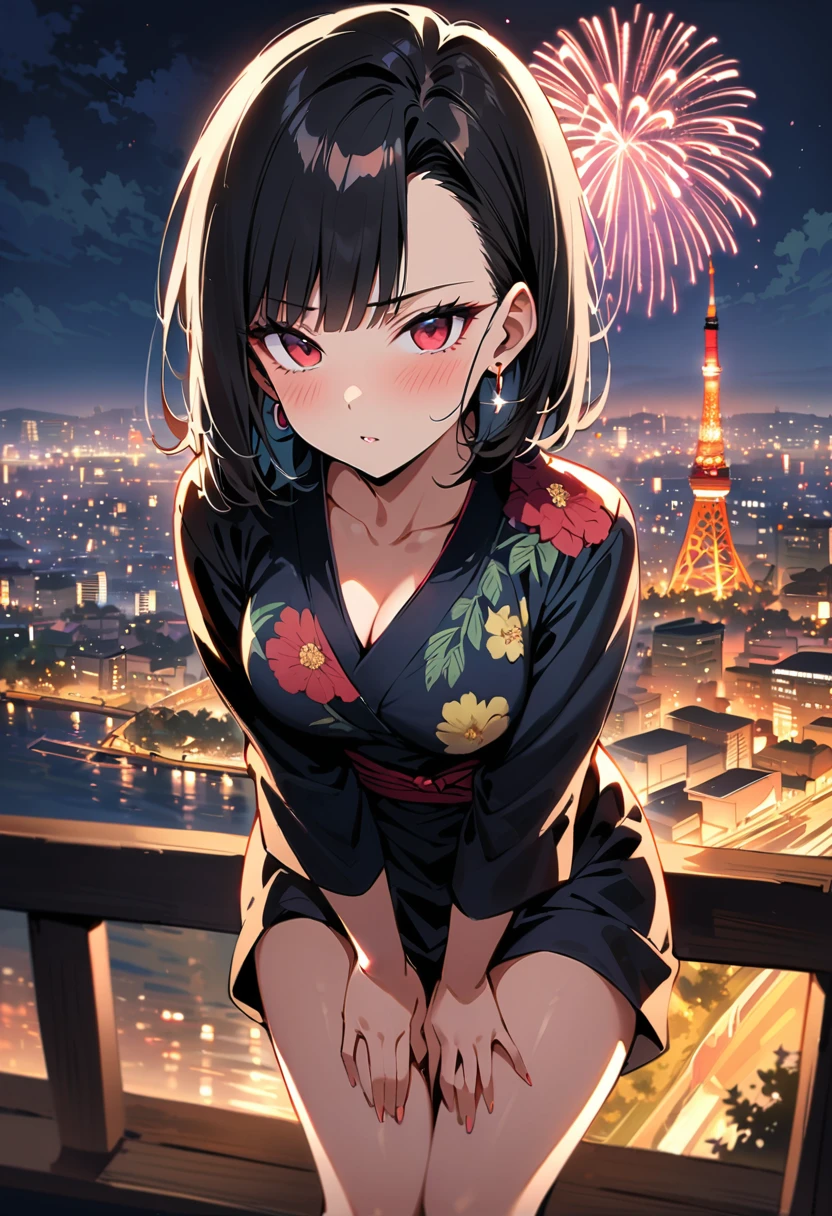 (masterpiece, best quality:1.2),1girl, (solo), Android 18 from Dragon Ball, ((floral print black kimono)), medium breasts, blunt bangs, black short hair, (red eyes), earrings on earlobes, slim, slender feminine figure, skinny body, blush, magnificent view, blur background, 4K, Tokyo Tower, firework, collarbone, (Kimetsu no Yaiba), Demon, looking at fireworks, riverside, thigh gap, arms between legs, cool,