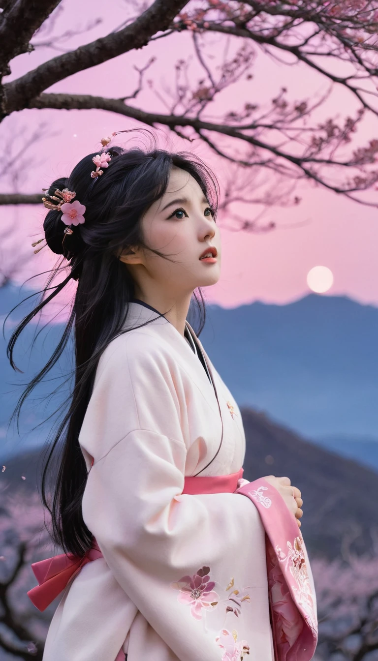 (best quality, masterpiece),(1 Girl, Shrine maiden, coat, Expression face, black eyes, Looking ahead ,Black Hair, walk, Upper Body), (Night sky, There is a huge old tree behind, Shiny pink petals are falling behind, Behind the Shrine, Mountain Background, Blowing, Meteor Cloud)