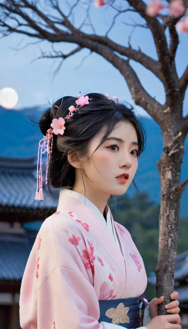 (best quality, masterpiece),(1 Girl, Shrine maiden, coat, Expression face, black eyes, Looking ahead ,Black Hair, walk, Upper Body), (Night sky, There is a huge old tree behind, Shiny pink petals are falling behind, Behind the Shrine, Mountain Background, Blowing, Meteor Cloud)