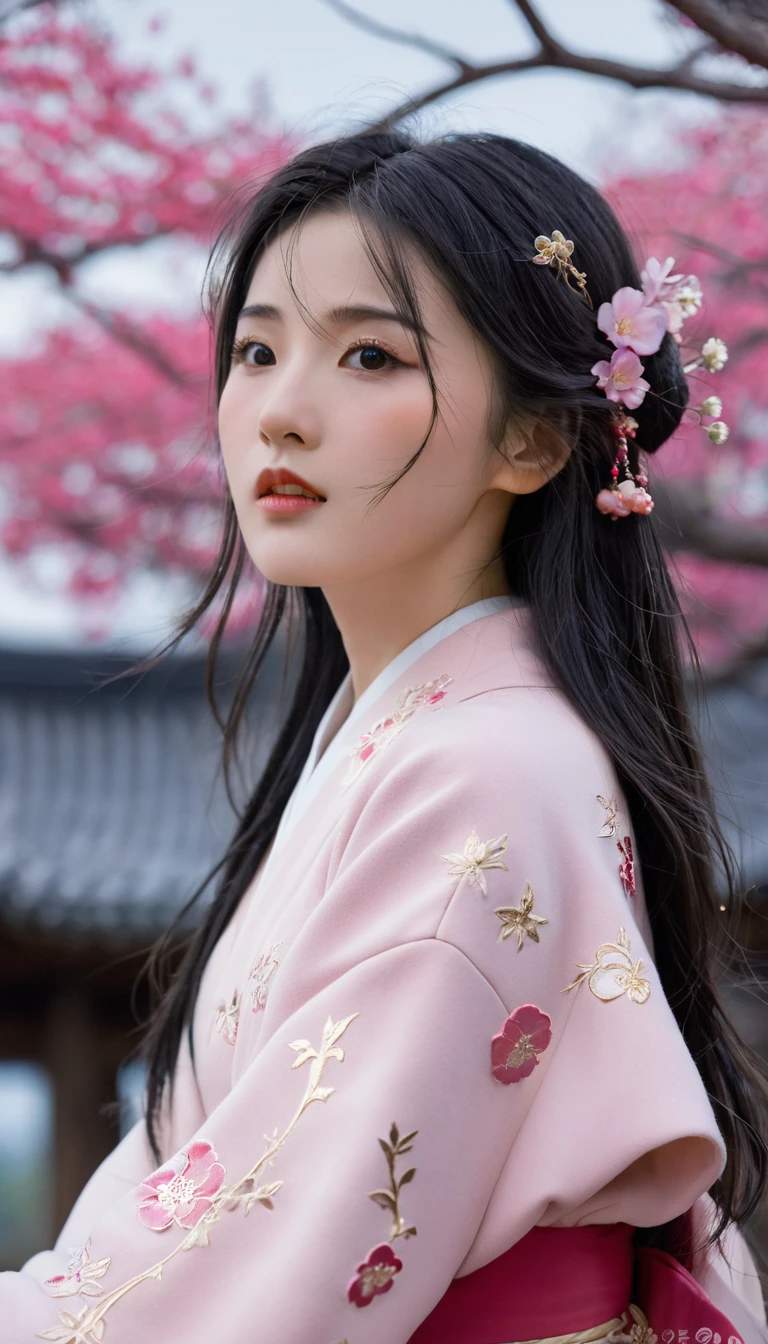 (best quality, masterpiece),(1 Girl, Shrine maiden, coat, Expression face, black eyes, Looking ahead ,Black Hair, walk, Upper Body), (Night sky, There is a huge old tree behind, Shiny pink petals are falling behind, Behind the Shrine, Mountain Background, Blowing, Meteor Cloud)