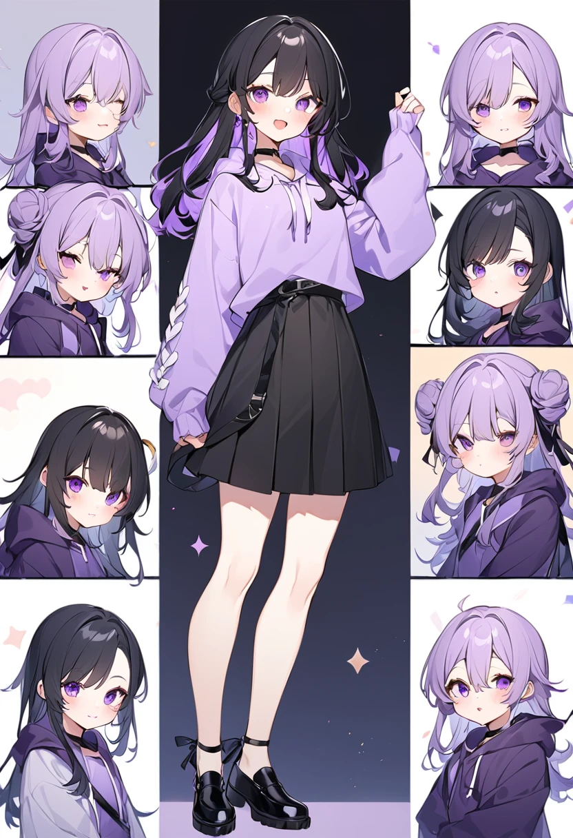 Keito。Purple hoodie。Black Skirt。Purple Eyes。Black Hair。Black shoes下。Black shoes。6 sistery eldest daughter has lavender hair.。all female。Sextuplets
