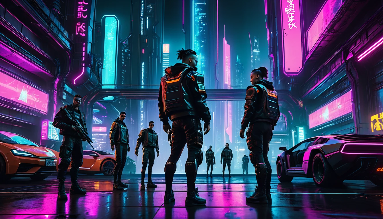 general mobilization, , (reimagined in a Cyberpunk universe), (Cyberpunk style), (Cyberpunk), (Enhancement), (Cybernetics), Glowing neon lights, Movie Scenes, hero view, Action poses, Beautiful 8K, Detailed background, masterpiece, best quality, high quality, absurd, vivid, Delicate skin texture, (blush:0.5), (Goosebumps:0.5), Subsurface scattering,
