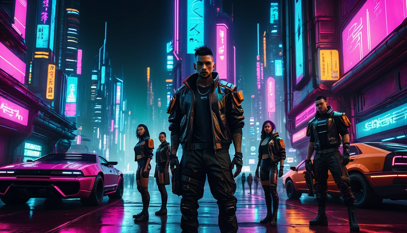 a cyberpunk city in the background, Kintar0_99 and his crew in the foreground, wearing futuristic cyberpunk-style outfits, high-tech weapons and gadgets, neon lights, detailed cyberpunk architecture, dark and moody lighting, dynamic camera angle, cinematic mood, masterpiece, 8k, photorealistic, ultra-detailed, dramatic lighting, vibrant colors, highly detailed characters, intricate textures, advanced technology, gritty, industrial, science fiction, concept art style