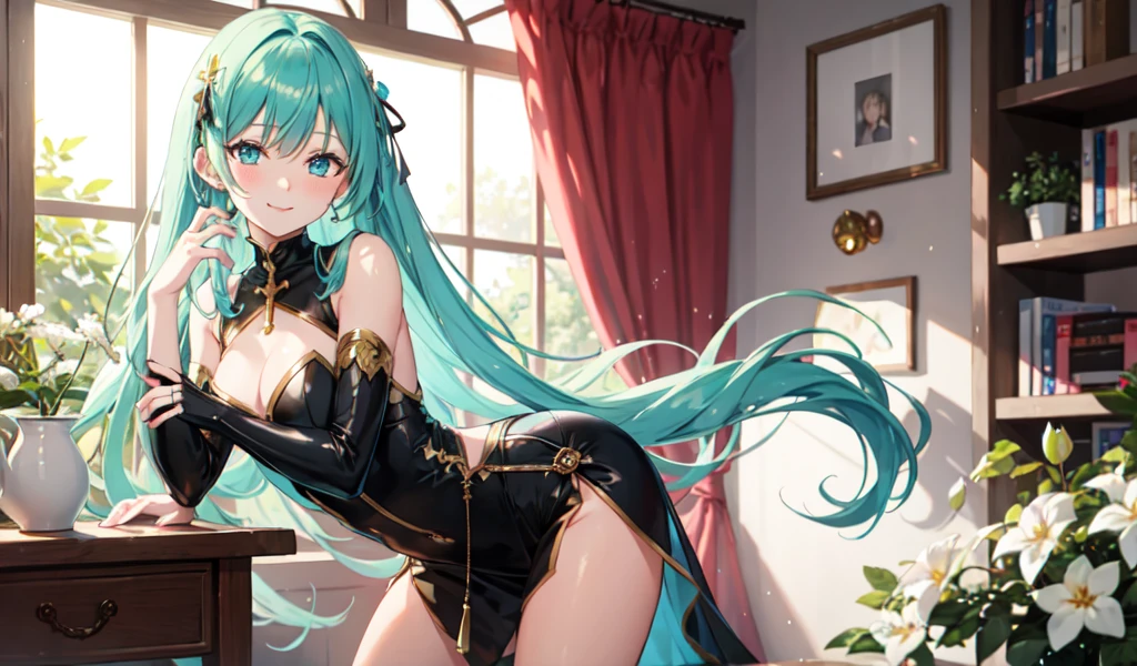 Create a high-quality anime image of a beautiful female character with long, flowing aqua-green hair adorned with white flowers. She has large, sparkling blue eyes and a gentle smile with a slight blush on her cheeks. The character wears a stylish black outfit with intricate details, including black ruffled sleeves and a cross-strap design on the back. A pink ribbon and a golden heart accentuate her waist. She is looking towards you and winking.

The setting is a bright, cozy room with sunlight streaming in from the ceiling giving the character a warm glow. The background includes a small bookshelf, green plants, and other elements that contribute to a calm, inviting atmosphere.

The overall atmosphere of the image should be bright and a little flirty, highlighting the character's charm and attractive personality.