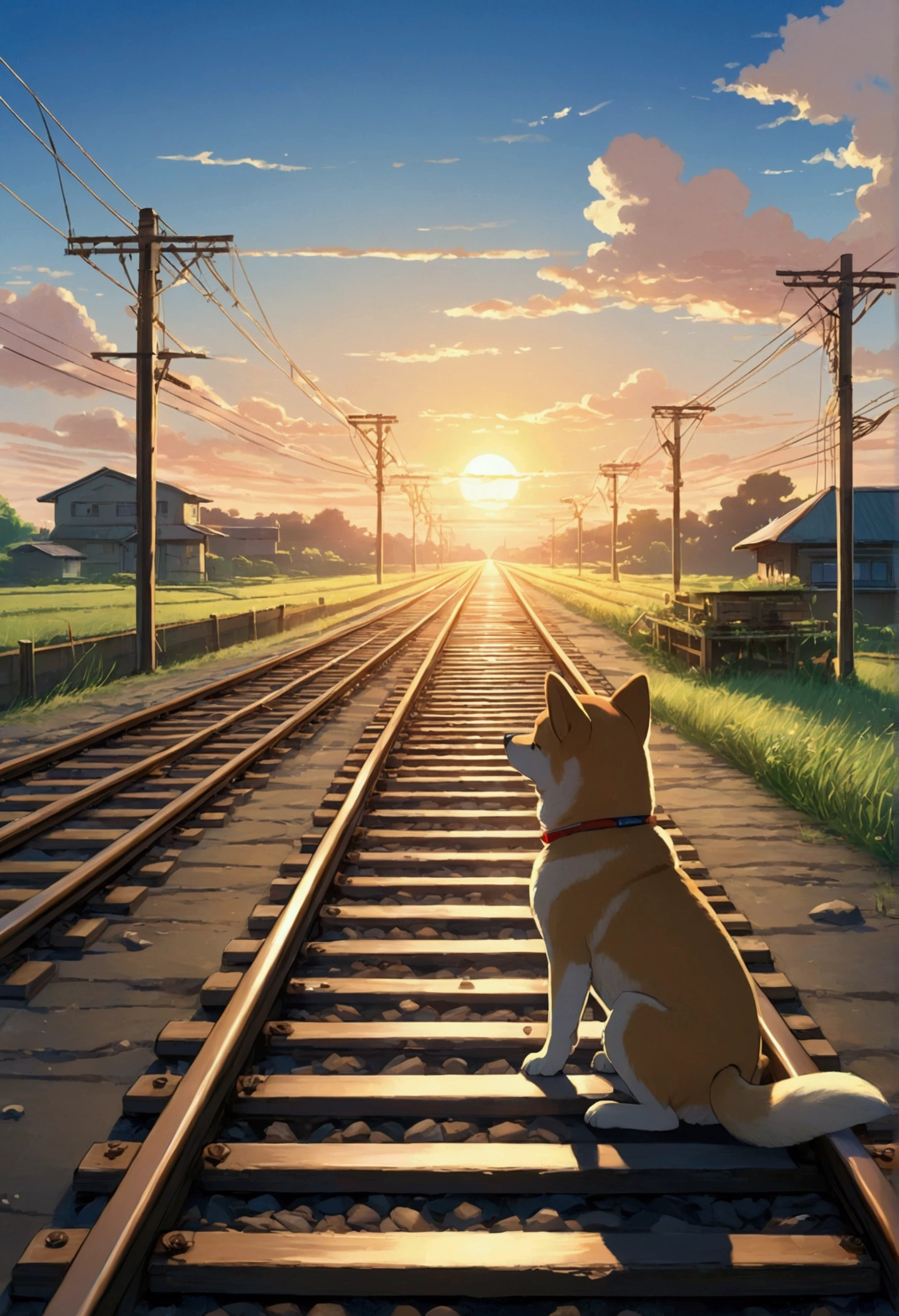 Makoto Shinkai Taste, Beautiful Landscape, Beautiful sky, (Shiba Inu Puppy,Drawn small,), Healing scenes, Full of hope, Detailed Description, Beautiful sunrise, Angle from afar, The sea at the end of the road, train tracks, Soft Light, Fantastic landscape, Makoto Shinkai Style