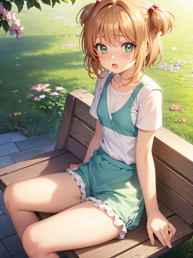 (masterpiece:1.2), best quality, high resolution, unity 8k wallpaper, (illustration:0.8), (beautiful detailed eyes:1.6), extremely detailed face, perfect lighting, extremely detailed CG, (kinomoto sakura, green eyes, short hair, two side up, 12 years old, short stature, small breast, solo,), sitting, spread legs, no bra, show off nipple, little nipple, gym clothes, very torn clothes, open-breast clothes, See-through clothing, bloomer, pink striped patterns panties, vagina, gleaming skin, moist skin, embarrassed, open mouth, noon, in the park, front view, looking at viewer, troubled face, takes off her bloomers,