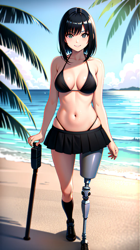 best quality, 1girl, solo, standing, outdoors, beach, medium hair, black hair, straight hair, looking at viewer, medium breasts,  (prosthetic leg:1.2), full body, smiling, two prosthetic legs, black bikini, two pieces bikini. 