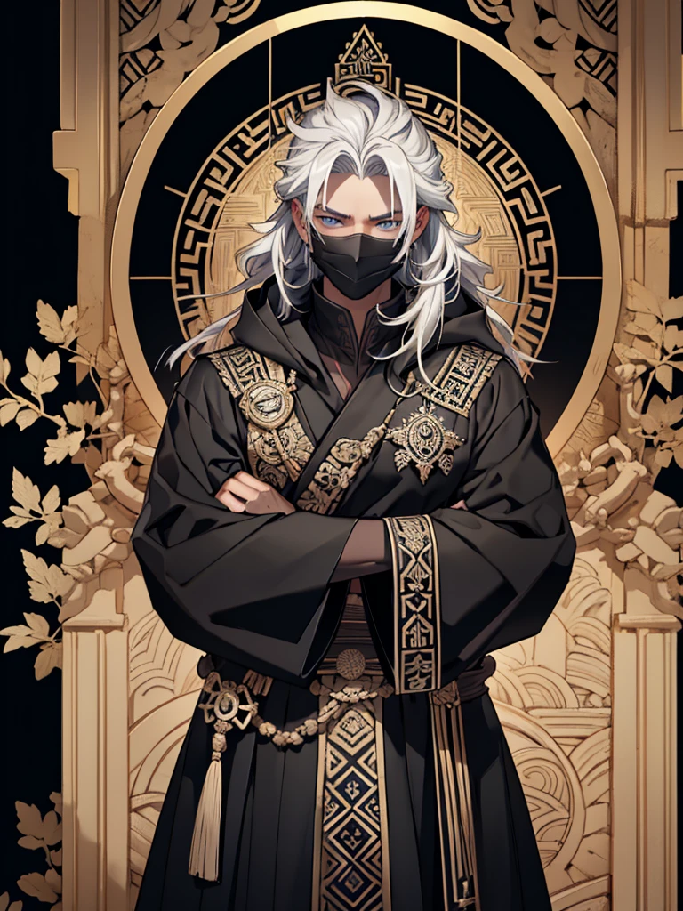 A handsome white haired man wearing a black robe, with motifs of ancient symbols representing power and wisdom. His face was covered by an elegant black mask with a design depicting the face of an invincible ancient god.
