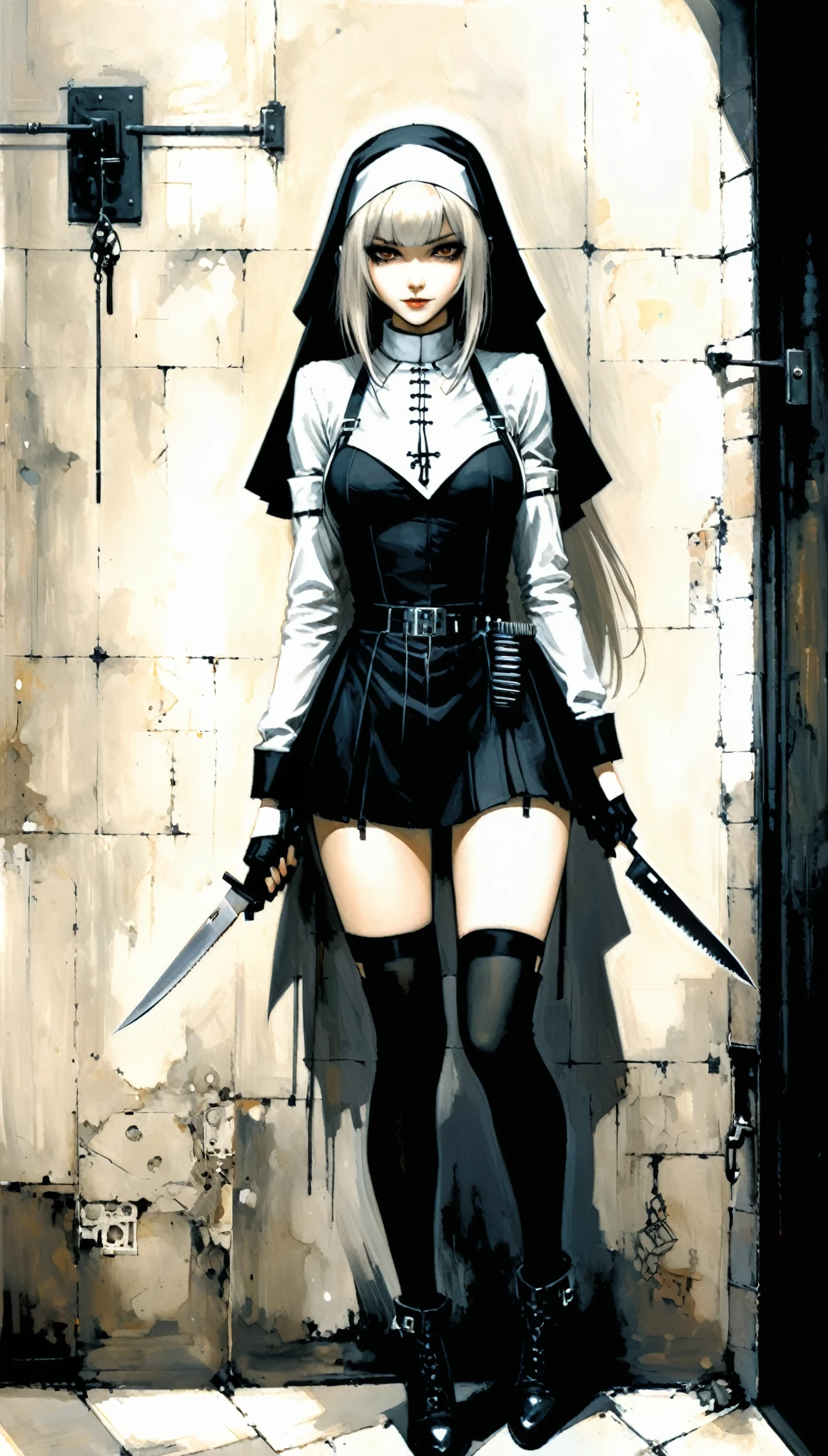 (in style of Ashley Wood:1.1),in style of Santiago Caruso,
1girl,n.u.n.s. gothic style,stocking straps,assassin nuns,a firm expression,dsmile,from the side,pulled-up skirt,bound_knees,(the knife hangs on the outside of the thigh:1.5),