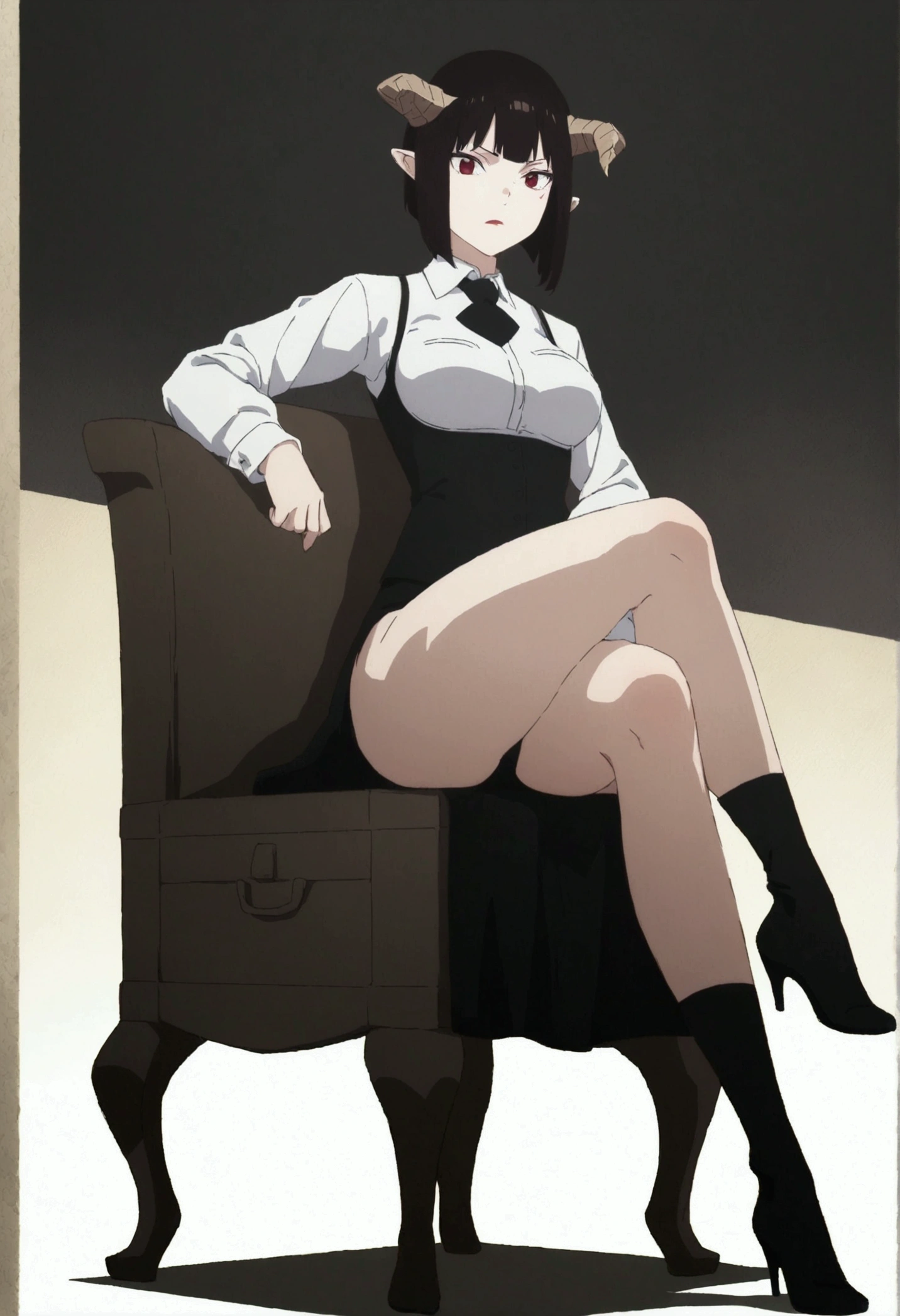 (work of art, ultra detali,high resolution,8K), 1 girl ,standing alone,hinterland,Look to viewer, TochaTortura, trunk,sheen,brunette skin,sitting on a chair,legs crossed,,black socks,horns on head,serious look,staring overhead,Raby,Nevoa
