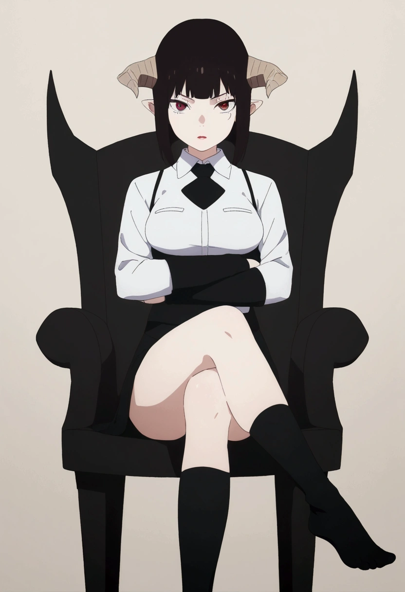 (work of art, ultra detali,high resolution,8K), 1 girl ,standing alone,hinterland,Look to viewer, TochaTortura, trunk,sheen,brunette skin,sitting on a chair,legs crossed,,black socks,horns on head,serious look,staring overhead,Raby,Nevoa
