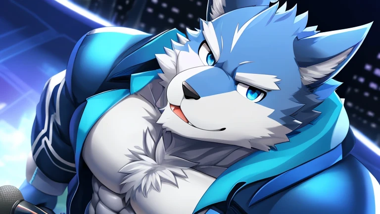 bynamic angle,depth of field, motion blur, absurdres,looking at viewer, (best quality), (masterpiece), (ultra detailed),(detailed eyes),sharp focus,manga,anthro male Blue Wolf,(muscular),Huge body chest , own pet kitty ,sky blue eyes,handsome jacket blue cyber city gray pants holding a microphone
