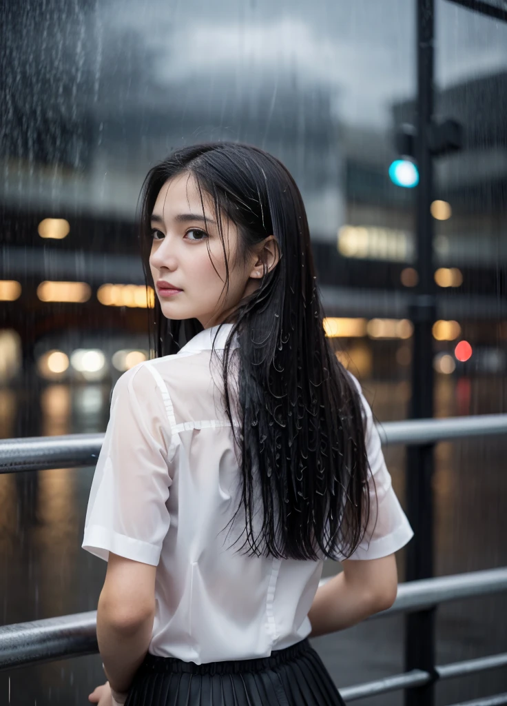 20year old beautiful girl、Beauty、Japanese、cute、beautiful girl、slim、Highest quality、Realistic、16K、panoramic、(masterpiece, Highest quality, One Girl, Beautiful office lady, Very wet, soaked from heavy rain, Long black hair, Straight hair, White blouse, Dark skirt, Serious expression, Street background, Detailed Scene, Reflective Puddle, Dark clouds, heavy rain, realistic rain effect)、Back view