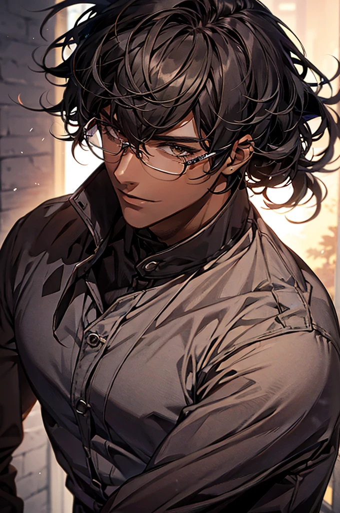 1male, black hair, dark skinned man, very dark skin, brown eyes, black hair, textured hair, muscular body, casual clothes, glasses, mature face, ikemen, smile, detailed background, 4k, high resolution, rim lighting