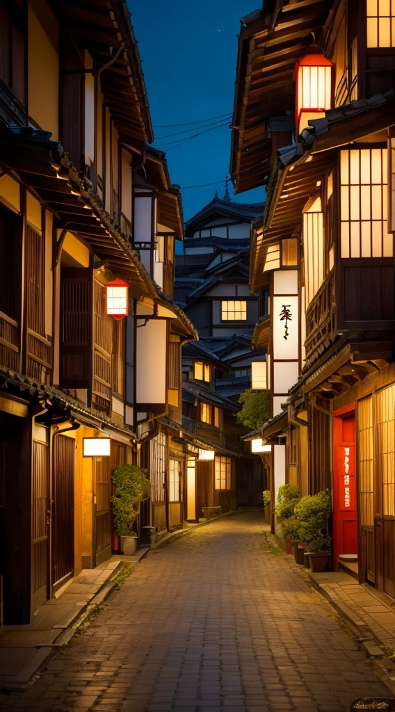 arafed view of a village with a lot of lights on the buildings, dreamy japanese town, japanese village, amazing wallpaper, japanese town, japanese village, hyper realistic photo of a town, old asian village, japanese city, by Raymond Han,beautiful evening, cyberpunk japanese ancient castle, beautifully lit buildings, at evening, beautiful and aesthetic, photography, cinematic, 8k, high detailed