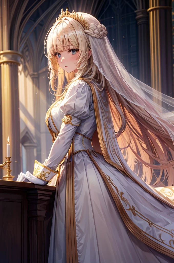 In front of the majestic church altar、（Blurred Background）、Bright light、golden long hair girl、classic white wedding dress、（Elegant luster）、（Lots of races）、Lots of ribbons、((Voluminous puff sleeves))、Long cuffs with lots of buttons、Gold embroidery、Long train、White embroidered gloves、Five Fingers、Laughter、Redness on the cheeks