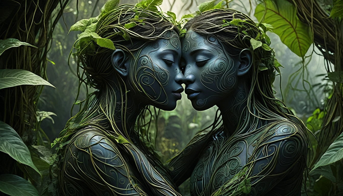 two people hugging each other in the jungle, in the style of ethereal figures, made of vines, physically based rendering, detailed facial features, earthcore, dark and intricate, firecore