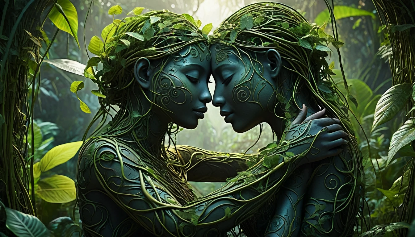 two people hugging each other in the jungle, in the style of ethereal figures, made of vines, physically based rendering, detailed facial features, earthcore, dark and intricate, firecore
